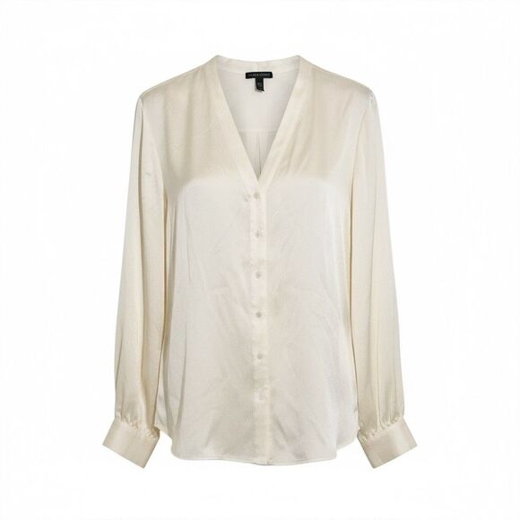 Eileen Fisher Silk Long Sleeve V Neck Blouse Classic Ivory Preppy Women's Size M - Picture 1 of 12